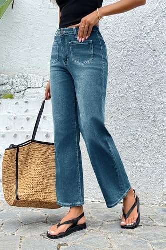 Cicy Bell Women's High Waisted Baggy Jeans Wide Leg Stretch Vintage Denim Pants with Front Pockets Light Blue