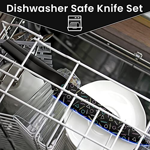 Astercook Knife Set, 12 Pcs Colorful Geometric Pattern Kitchen Knives Set, 6 Stainless Steel Chef Knife Sets with 6 Blade Guards, Dishwasher Safe, Black