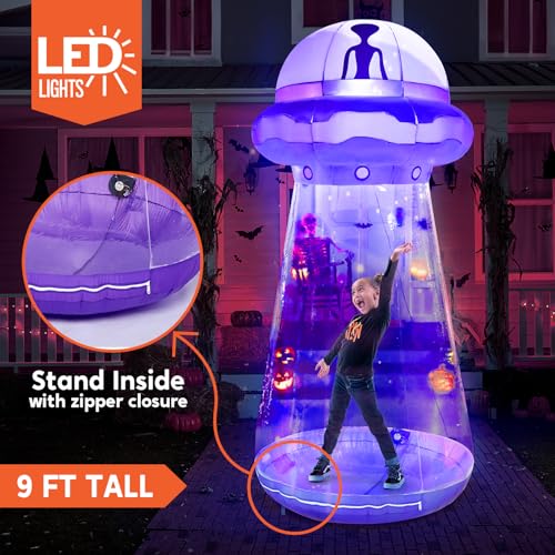 Joiedomi Halloween Inflatable UFO Decoration, 9 FT Tall Giant Halloween Blow Ups UFO Halloween Decorations with Built-in LEDs for Outdoor Halloween Decorations, Halloween Yard Decorations