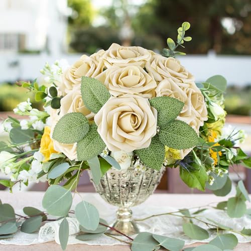 AmyHomie Artificial Flower Ivory Rose 25pcs Real Looking Fake Roses w/Stem for DIY Wedding Bouquets Centerpieces Arrangements Party Baby Shower Home Decorations