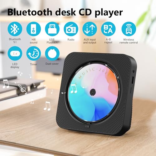 CD Player Portable with Bluetooth 5.1Desktop CD Player with HiFi Sound Speakers,Remote Control,Dust Cover,LED Display,Boombox FM Radio,USB/AUX for Home (Black)