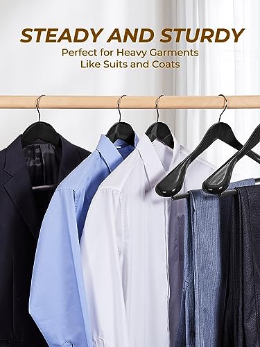 HOUSE DAY Wide Shoulder Wooden Hangers, Wood Suit Hangers with Non Slip Pant Holder, Heavy Duty Coat Hanger for Closet, Wooden Clothes Hanger for Suits, Coats, Jackets, Shirts (6 Pack, Black)