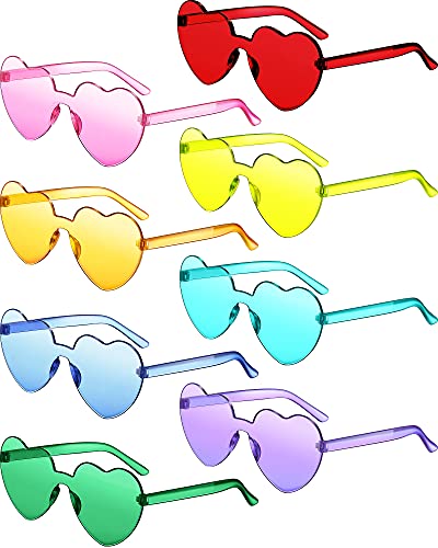 Frienda 8 Pairs Heart Shaped Sunglasses for Women Rimless Heart Glasses Candy Color Sunglasses for Party Favor (Pink,Orange)