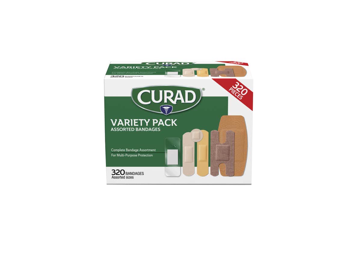 Curad Bulk Variety Pack Assorted Bandages, Flex-Fabric, Waterproof, Plastic, Knuckle, Heavy Duty Bandages (320 Count)