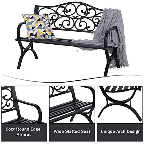 MFSTUDIO 50 Inches Outdoor Garden Bench, Cast Iron Metal Frame Patio Park Bench with Floral Pattern Backrest, Arch Legs for Porch Lawn Garden Yard(Black)