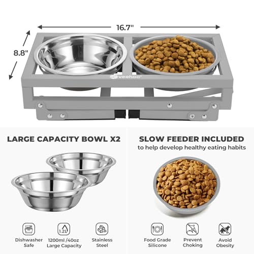 Veehoo Elevated Dog Bowls - Metal Stand with Slow Feeder & 2 Stainless Steel Food/Water Bowls, Non-Slip, Adjusts to 3.7"-12" for Large, Medium & Small Dogs, Grey