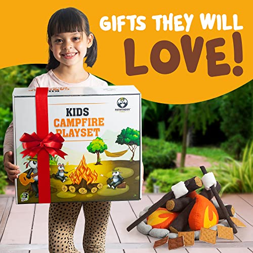 Pretend Campfire Set for Kids with S'Mores Kit & Wood Log Pillow - Soft, Safe & Durable Toy Campfire for Pretend Play & Sensory Play - Giftable Plush Felt Kids Campfire Playset for Ages 3+