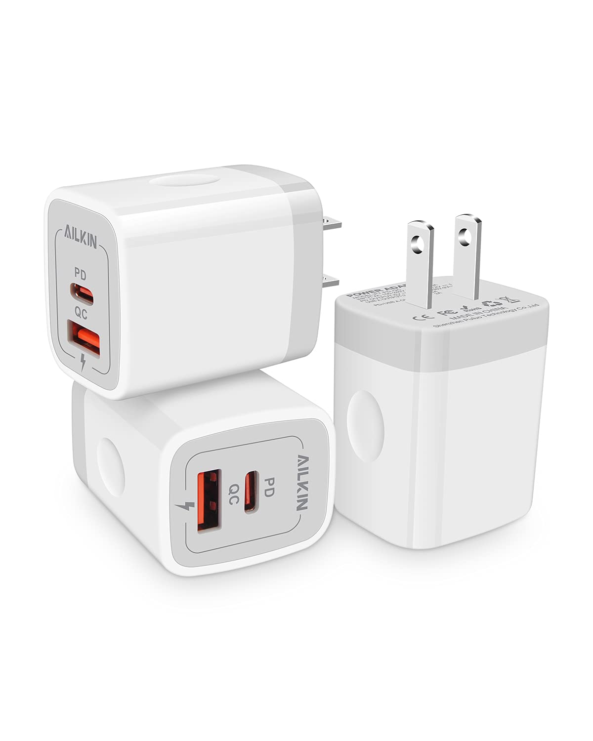 3Pack Dual Port USB-C Wall Plug-in USB Charger, AILKIN 20W Power Delivery + QC3.0 USB A Double Port Fast Charging Block for iPhone 15 14 13 12 Pro Max 14 Pro 12 Mini 16 Pro Max 16 Plus 16 SE X XS Cube