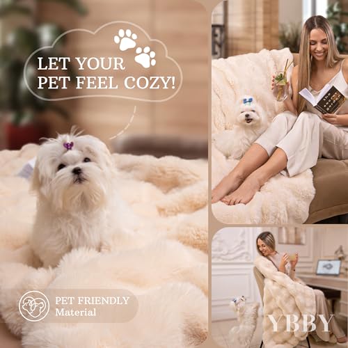 Beige Throw Blanket for Bed, Couch, Living Room - 50 X 60 in Faux Fur Blanket - Big Fluffy Throw Blanket - Luxury Boho Blanket - Ultra-Soft and Comfortable Bed Blanket - Elegant and Aesthetic Blanket