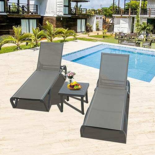 Domi Pool Lounge Chairs Set of 3, Adjustable Aluminum Outdoor Chaise Lounge with Side Table, All Weather Use for Deck Lawn Poolside Backyard - Grey Textilene