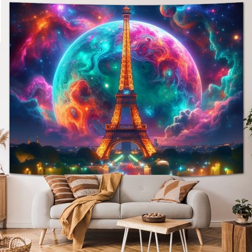 Trippy Planet Tapestry Paris Eiffel Tower Tapestry Galaxy Space Tapestry Magical Neon Starry Stars Wall Tapestry Aesthetic City Landscape Wall Hanging for Living Room