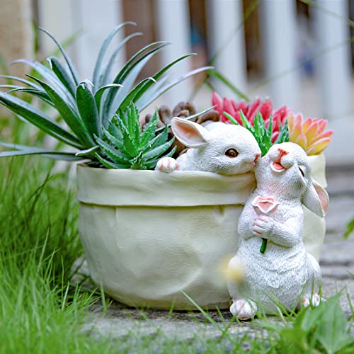 WONDHOME Rabbit Flower Pot Succulent Planter Garden Pots, Bunny Decorative Flower Pot,Animal Shaped Cartoon Planter Pots, Art Decorations for Mom Women (Flower with Drainage Hole)