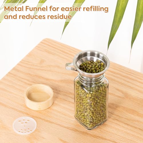 FavorFlavor 24 Pcs Spice Jars with Label, 4.3OZ Thickened Glass Seasoning Jars with Bamboo Lids & Pepper Grinder, Airtight Sealing with Metal Funnel for Easy Refilling, Spice Jars with Shaker Lids