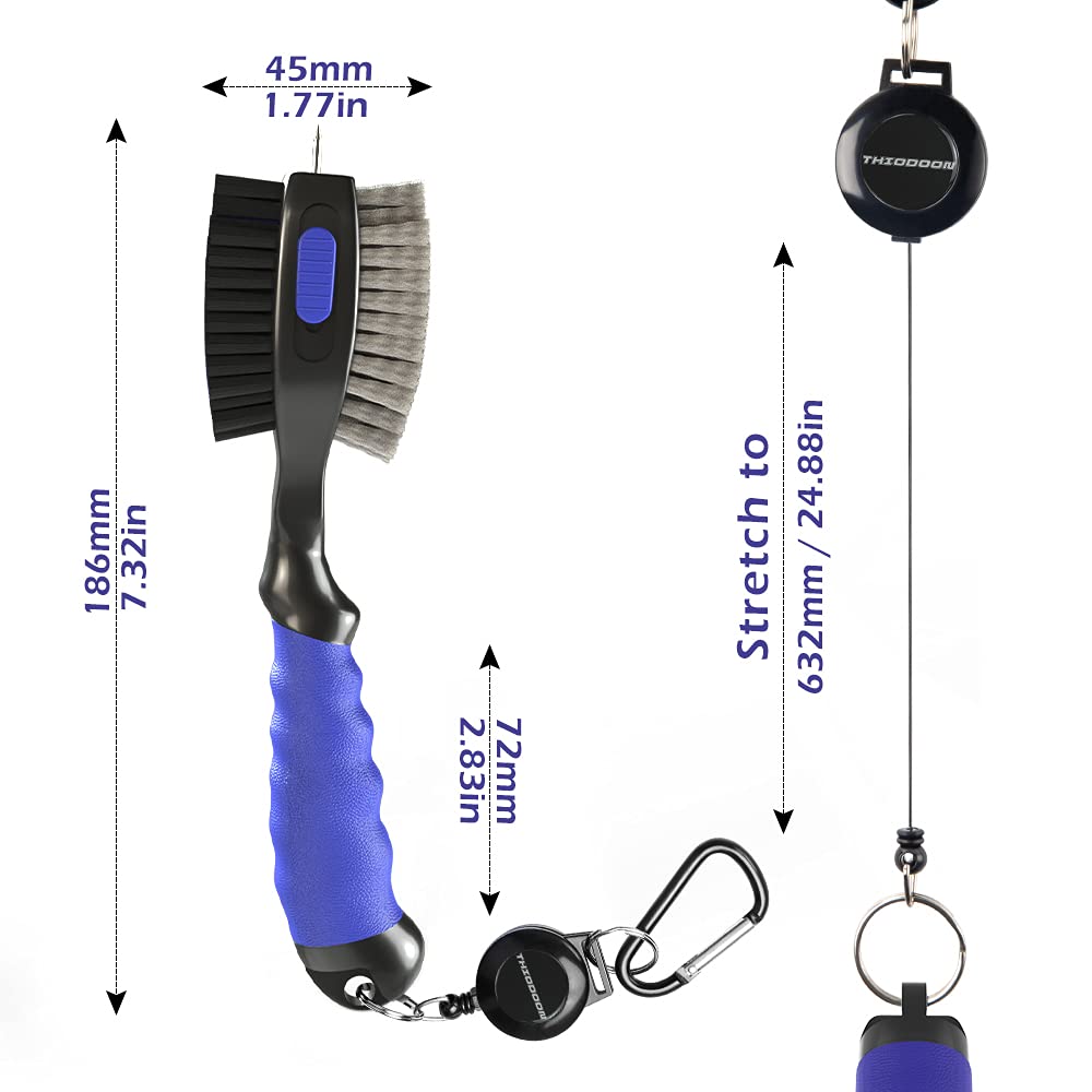 THIODOON 2 Pack Golf Club Brushes and Groove Cleaner 2 ft Retractable Zipline Carabiner Oversized Golf Brush Head with Retractable Spike Comfortable Grip Golf Club Cleaner