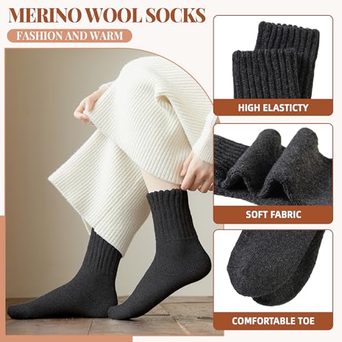 Velice Wool Socks for Women Merino Wool Boot Hiking Thick Thermal Warm Socks Winter Crew Cushion Cozy Work Socks 5 Pairs(Color A-011)