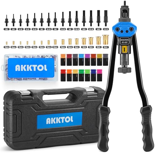 AKKTOL Rivet Nut Tool, 16" Rivnut Tool Kit with 15 Metric and SAE Mandrels, 125-PCS Rivet Nut Assortment Kit, Rugged Carrying Case, Ideal for Sheet Metal & Automotive Work