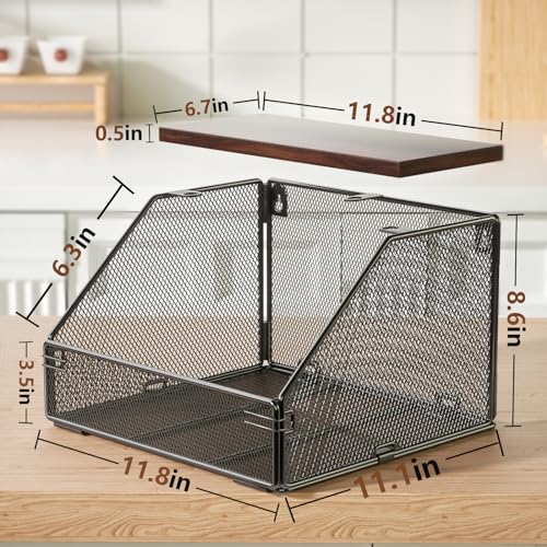 Stackable Fruit Basket Wire Baskets with Wood Lid, Wall Mounted Produce Basket for Fruit and Vegetable Storage, Countertop Onion and Potato Storage, Litwaro 7.1"W & 11.1"W Kitchen Counter Organizer