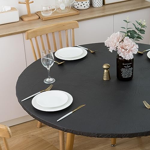 Round Vinyl Fitted Tablecloth with Flannel Backing Elastic Edged Table Cloth Waterproof Oil-Proof Plastic Table Cover (Lemon, Fits Table up to 27"-31" Diameter)
