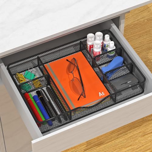 Drawer Organizer, Desk Drawer Organizer Tray with 6 Compartments - 14.5" L x 8.8" W x 1.9" H for Metal Mesh Drawer Organizers Desktop, Bathroom, Kitchen, Makeup, Vanity