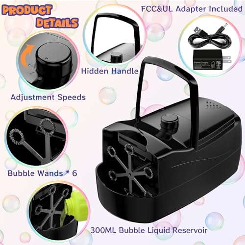 Bubble Machine,18000+ Big Bubbles/Min Automatic Bubble Blower for Kids with 2 Speeds,6 Wands,Operated by Plugin or Batteries Bubble Maker for Outdoor/Indoor Birthday Parties,Wedding (Black)