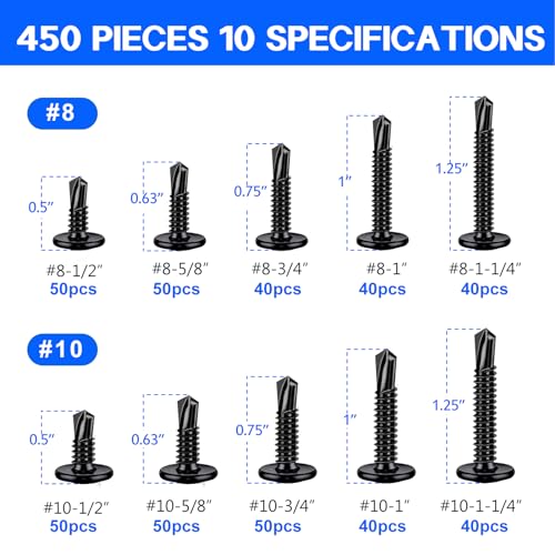 450PCS Self Tapping Screws for Metal, 410 Stainless Steel Self Drilling Screws #8#10 Truss Head Sheet Metal Screws Assortment Kits, Length 1/2"" to 1-1/4'' (Black)