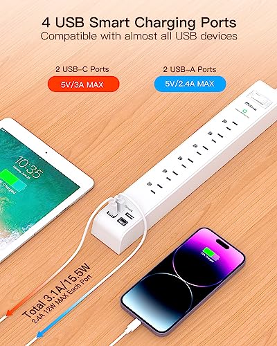 2 Pack Power Strip Surge Protector - 6 Outlets 4 USB Charging Ports, 5Ft Braided Extension Cord, Flat Plug, Overload Protection, Wall Mount for Home Office, Dorm Room Essentials