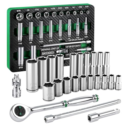 SK 1/4" Drive Socket Set with 160-P Ratchet, 24-Piece, SAE, SuperKrome Finish, Premium CR-V Construction, with EVA Foam Tool Organizer