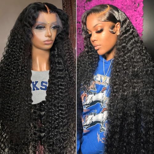 BLACROSS 13x6 Deep Wave Lace Front Wigs Human Hair 180 Density Deep Part Curly Lace Front Wigs Human Hair Pre Plucked Glueless Transparent Lace Frontal Wig Pre Plucked with Baby Hair(20 Inch)