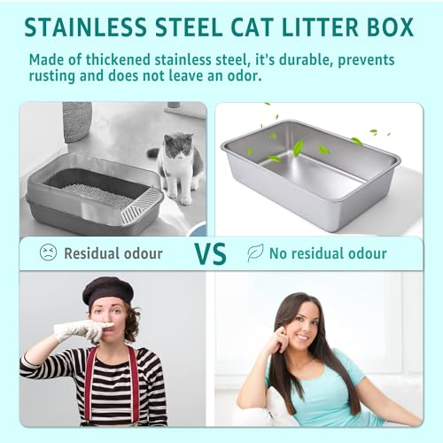 EGMEHOAD 6" Deep Stainless Steel Cat Litter Box XL Large Litter Box for Big Cats,Metal Litter Box High Sided,Easy Cleaning Metal Litter Pan Tray,Odor Proof,Non Stick,XL Stainless Steel Cat Litter Box