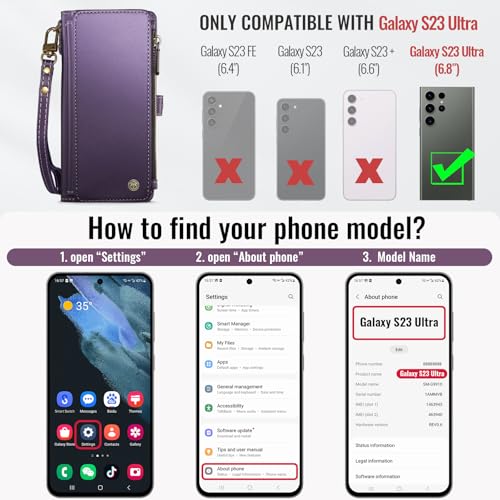 Defencase Compatible with Samsung Galaxy S23 Ultra Case Wallet with RFID Blocking Card Holder for Women Men, PU Leather Magnetic Snap Flip Zipper Strap Phone Case Fit for Galaxy S23 Ultra 5G, Purple