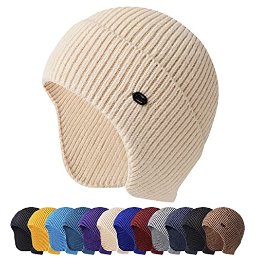 HiRui Knit Beanie Winter Hats Ear Covers for Men Women Kids-Warm Daily Headwear (Beige)