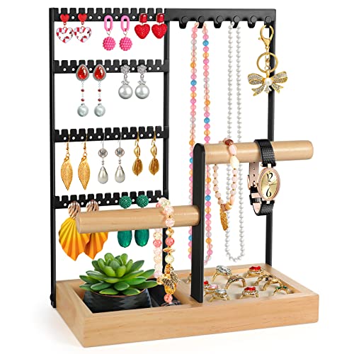 Godboat Jewelry Holder Organizer, 4-Tier Earring Holder with 48 Holes, 6 Hooks Necklace Holder, Removable Bracelet Holder, Gifts for Women, Mom, Mother's Day, Cool Preppy Stuff and Room Decor, Black