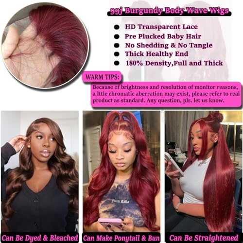 Bestdilin 13x4 99j Burgundy Lace Front Wigs Human Hair 220% Density Body Wave Lace Frontal Wig Pre Plucked with Baby Hair 20 Inch HD Transparent Lace Wine Red Colored Glueless Wigs for Women