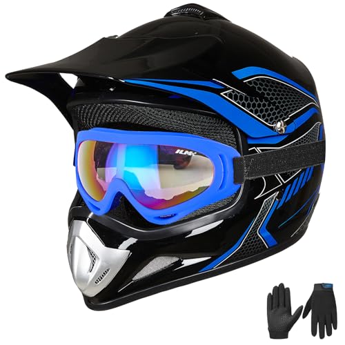 ILM Youth Kids Dirt Bike Helmet ATV Motocross DOT Off-Road Street Helmet Goggles Gloves Full Face Protective Helmet Model BLD-818(Blue,Youth-Small)