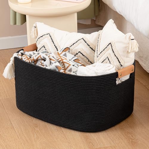 anpinera Extra Large Blanket Storage Basket 25.20’’x16.14’’x16.14’’, Large Rectangle Blanket Basket for Living Room, Woven Rope Storage Organizer Laundry Baskets Bin, White/Pink