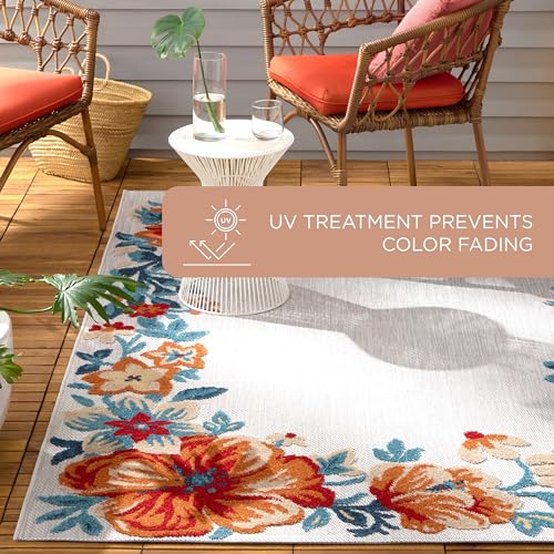 TOWN & COUNTRY EVERYDAY Hibiscus Bloom Border Modern Floral Indoor Outdoor Area Rug, UV Fade Resistant, High-Low Pile, Grey/Red/Blue, 3'11"x5'2"