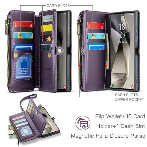 Defencase Compatible with Samsung Galaxy S23 Ultra Case Wallet with RFID Blocking Card Holder for Women Men, PU Leather Magnetic Snap Flip Zipper Strap Phone Case Fit for Galaxy S23 Ultra 5G, Purple