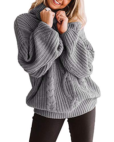 Womens Chunky Turtleneck Sweaters Plus Size Long Sleeve Cable Knit Casual Loose Jumper Tops Grey