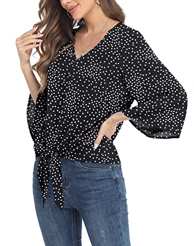 VIISHOW Women's V Neck Tops 3/4 Sleeve Tie Knot Blouses Casual Button Decorative Work Shirts,Wine red,Medium