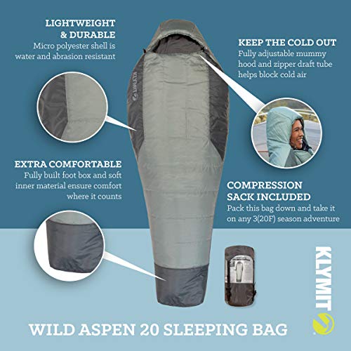 Klymit Wild Aspen Lightweight Mummy Sleeping Bag, 20 Degree Sleeping Bag for Camping, Hiking, and Backpacking in Cold Weather, Regular