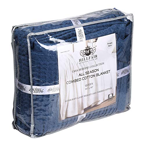 HILLFAIR 100% Combed Cotton Blanket– Twin Size Bed Blankets– Warm Soft All Season Breathable Lightweight Summer Blankets– Waffle Weave Home Decor Bed Blanket- Navy Twin Bed Cotton Blankets/Bedcovers