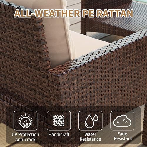 LHBcraft 4 Piece Patio Furniture Set Small Outdoor Furniture, Patio Conversation Sets Rattan Wicker Sofa Set with Cushions & Coffee Table, Tempered Glass Table Top and Storage Shelf, Brown