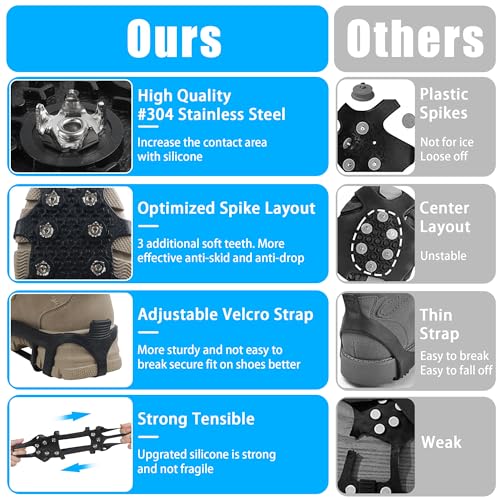 Walk Traction Ice Cleats, Anti-Skid Ice Snow Grips 9 Stainless Steel Studs Winter Crampons with Straps Over Shoe Boots for Hiking Climbing,Ice Fishing and Walking Small