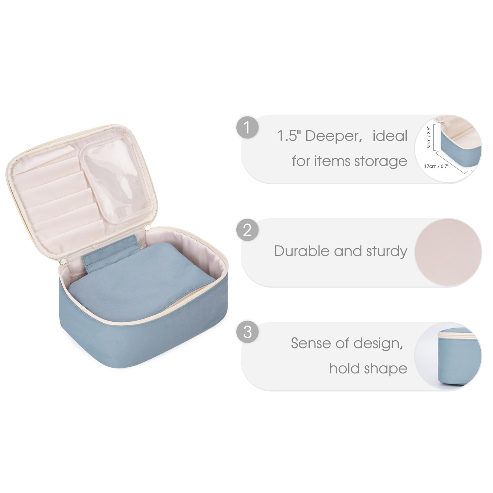 Narwey Travel Makeup Bag with Brush Compartments,Portable Cosmetic Bag,Make up Bag Makeup Organizer Case with Brush Storage for Women (Greyish Blue-1)