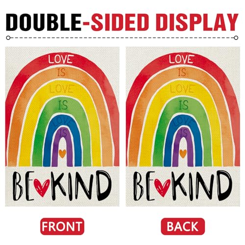 Dyrenson Love is Love Rainbow Decorative Garden Flag, Be Kind LGBTQ Gay Lesbian Heart Yard Outside Pride Month Home Decoration, LGBT Bisexual Pansexual Burlap Outdoor Small Decor Double Sided 12 x 18