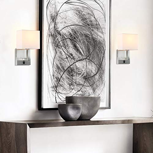 PERMO Single Wall Sconce Light Fixture Brushed Finish with White Textile Shades and On/Off Switch Button Small Modern Nightstand Lamps for Bedrooms Bedside Reading