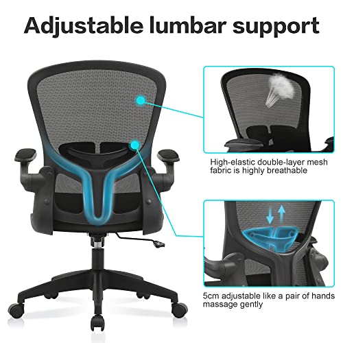 FelixKing Office Desk Chairs, Ergonomic PC Desk Chair with Wheels, Adjustable Lumbar Support and Height, Swivel Computer Chair with Flip-up Armrests, Ergo Mesh Backrest for Working (Black)