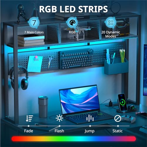 DOMICON Gaming Desk Computer Desk with Storage, L Shaped Desk with Power Outlet & LED Strip, Office Desk with Pegboard, Corner Deck for Home Office Black