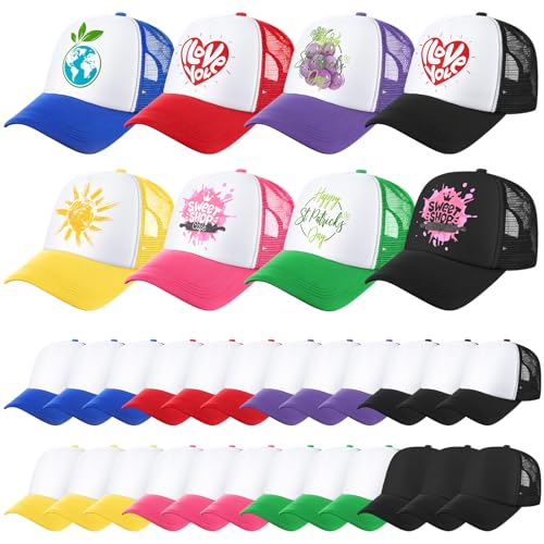 Jeyiour 48 Pack Trucker Hat Bulk Polyester Adjustable Plain Mesh Sublimation Blank Baseball Cap for Women Men Kids(Small,Mixed Colors)