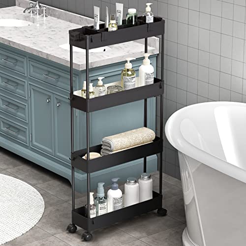 SPACELEAD Slim Storage Cart 4 Tier, Storage Organizer Rolling Utility/ Mobile Shelving Unit Slide Out Storage Cart for Office, Bathroom, Kitchen, Laundry Room & Narrow Places, Black